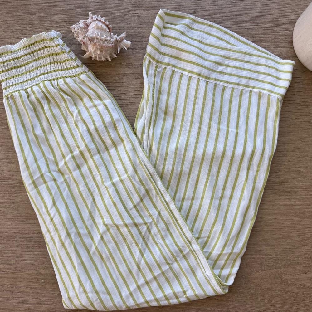Billabong Lightweight White & Lime Striped Wide-Leg Pants